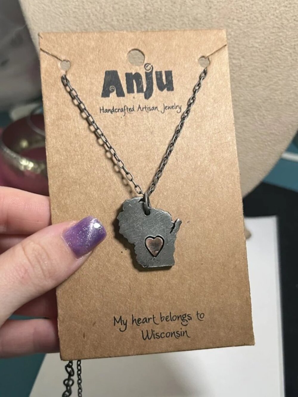 Anju Handcrafted Artisan Wisconsin State Map Copper Heart Pendant Necklace NWT